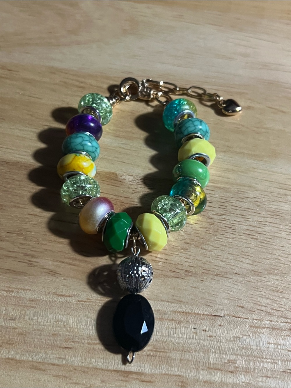Colorful Bead Charm Bracelet with Black Teardrop Pendant - Women Jewelry B192 - Picture 1 of 6